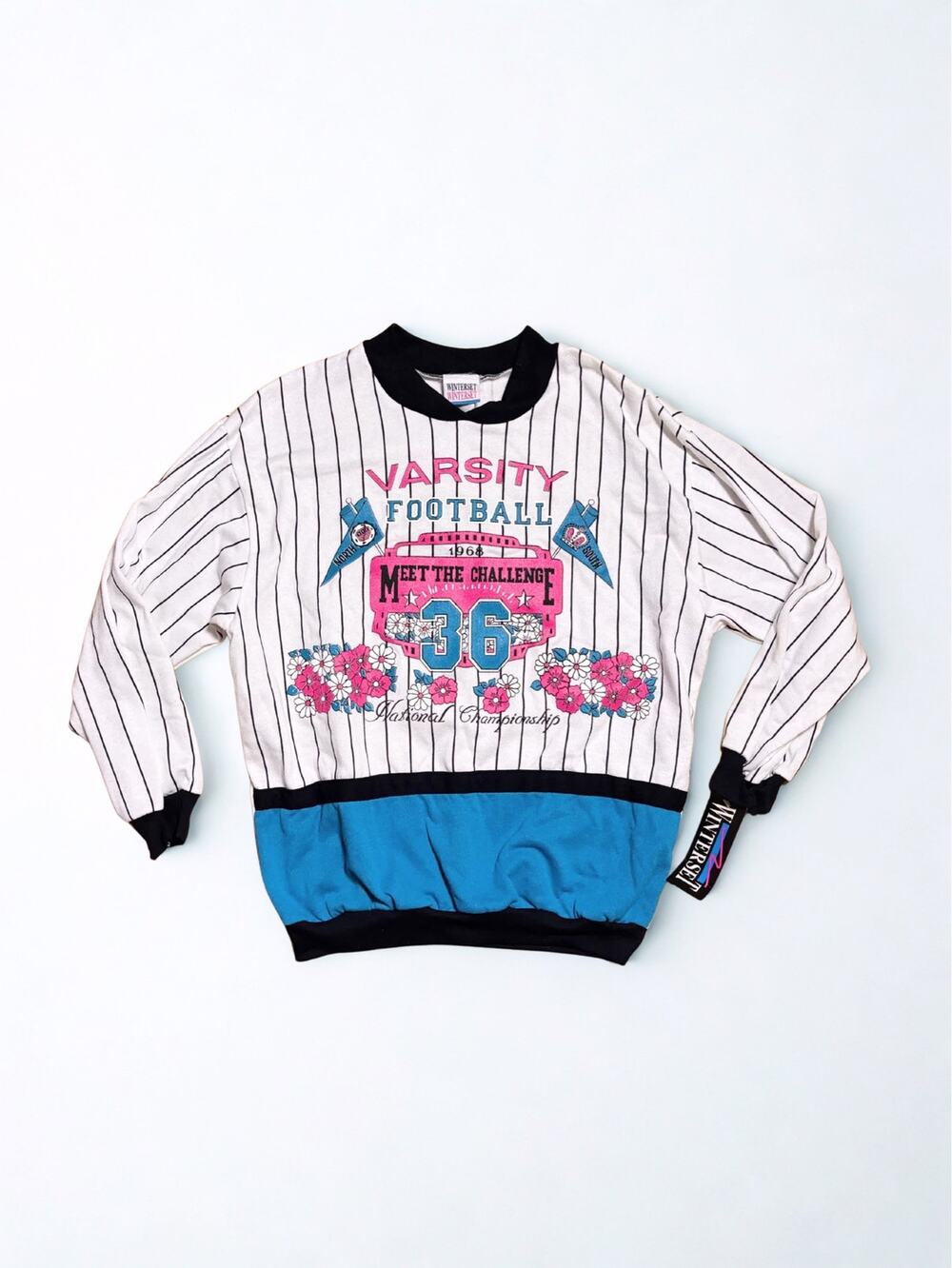 Vtg 80s Deadstock Winterset Black Pinstriped Floral Print Varsity Sweatshirt